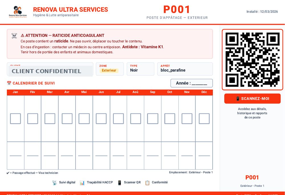 Fiche de poste d'appâtage à code QR — pièce du dossier sanitaire